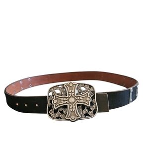 BKE Men's Large Cross Buckle Black Embellished Leather Belt Size 36